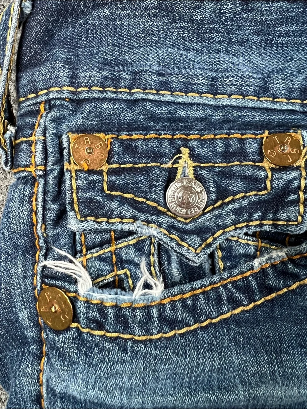 True Religion Dark Blue Denim Jeans with Yellow Contrast Stitching